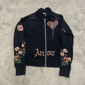 JWLA Johnny Was Black Chain Stitch AMOUR Lion Y2K Zip Sweatshirt Size Small